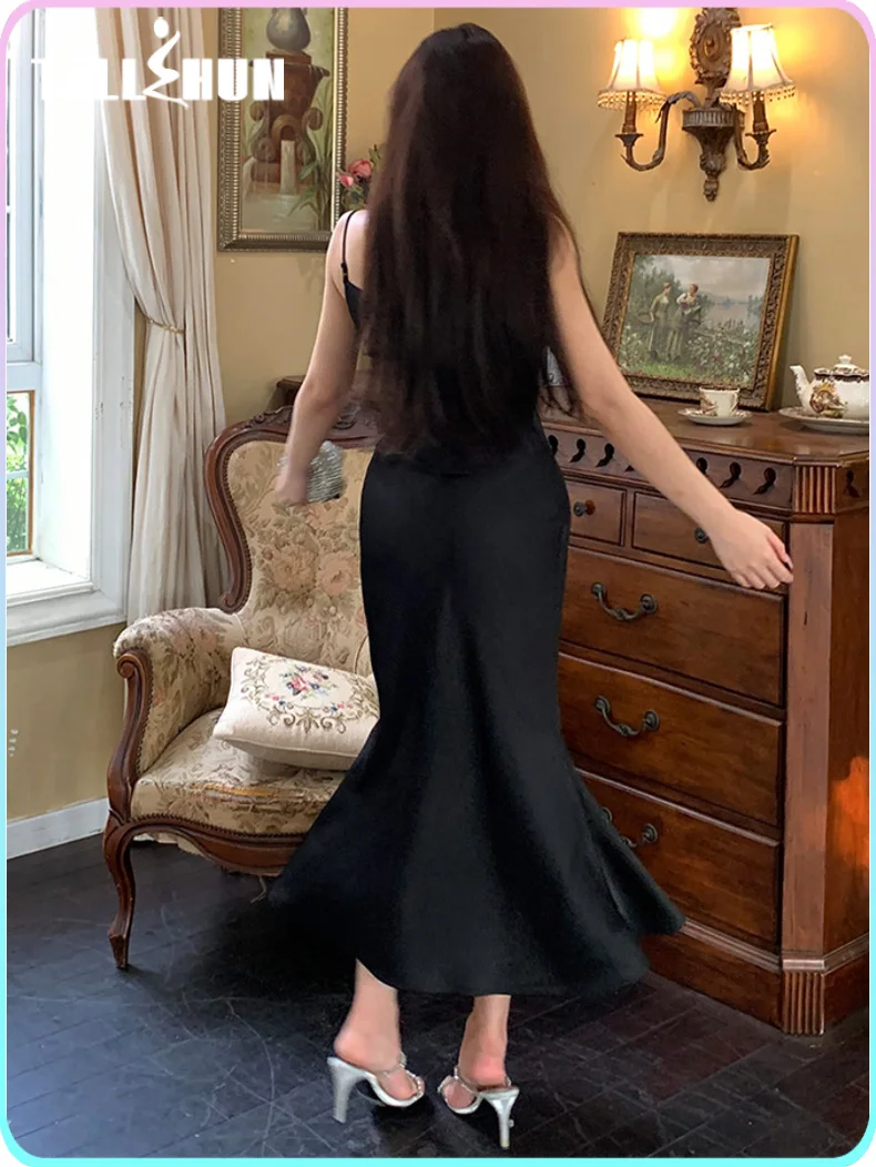 Solid satin elegant little black dress for women long summer Mermaid sexy evening party dress casual sundress luxury plus size