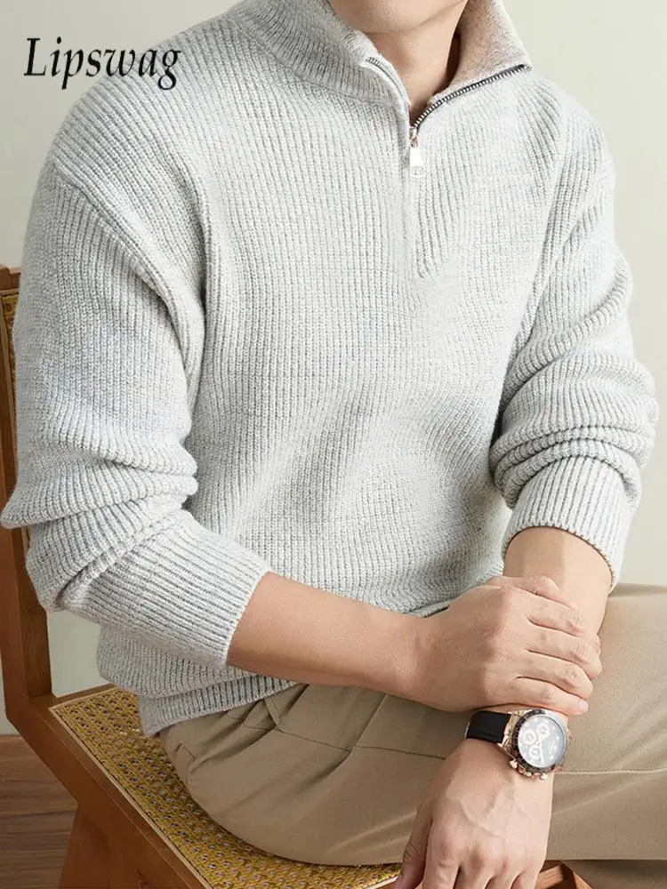 Daily Casual Men Stand Collar Knitted Sweater Solid Color Long Sleeve Thick Knitting Pullover Autumn Winter Warm Polo Shirts Men