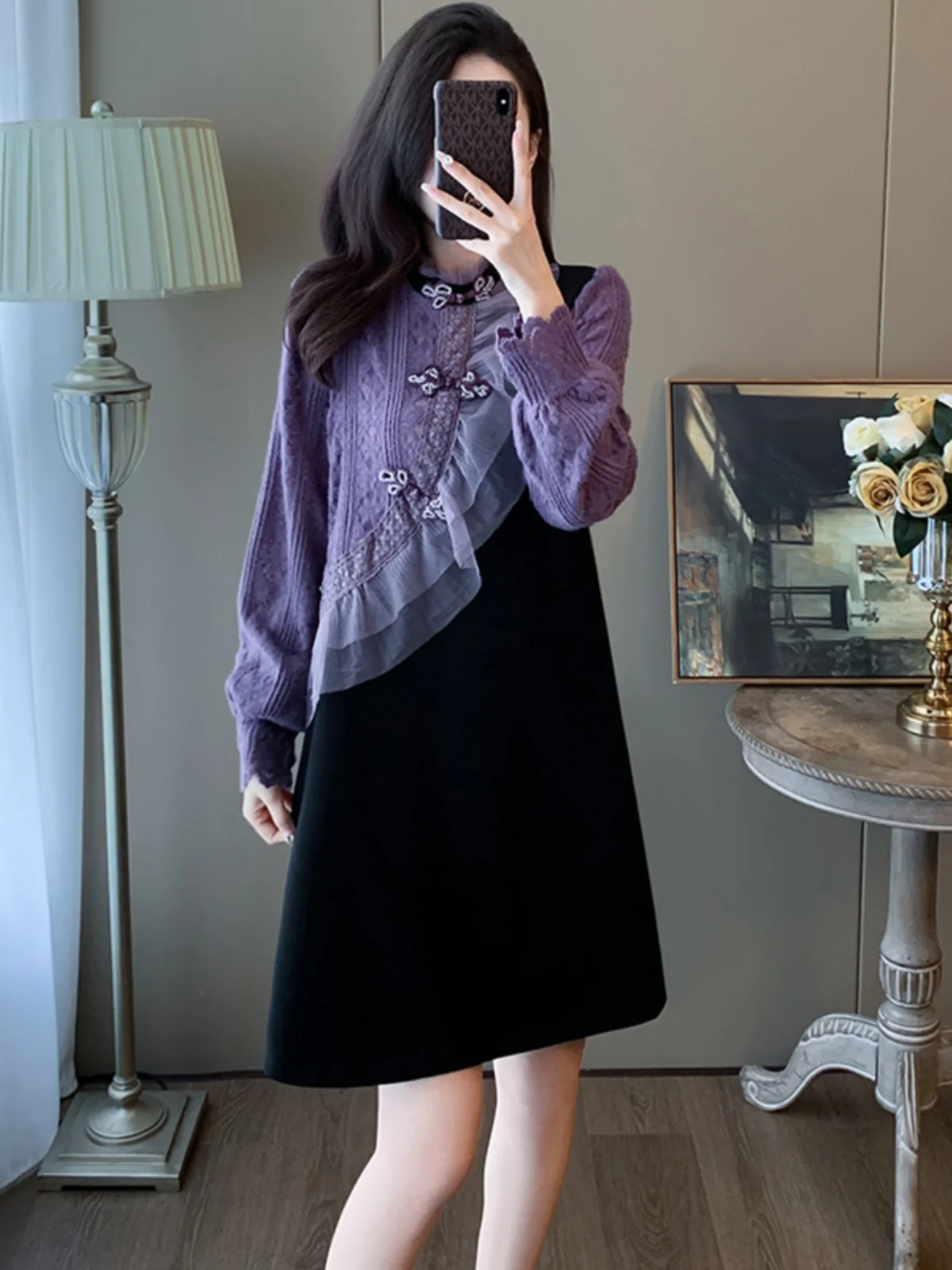 

Elegant New Chinese Design Sensation Women's Dress Autumn Fashion Slimming High End National Style Skirt with Button