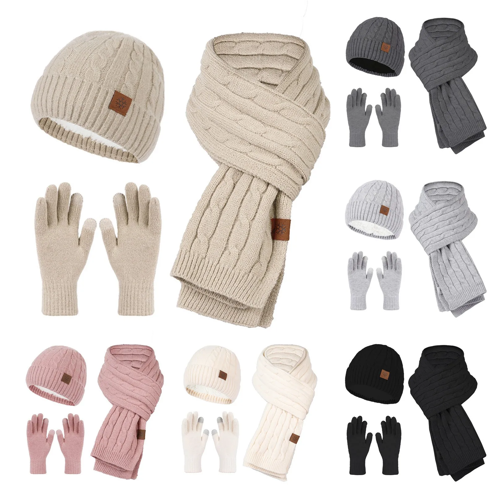 Womens Hat Scarf and Glove Sets Winter Knitted Keep Warm Soft Thick Three Piece Set Christmas warm Female Fleece Warm Scarf Set