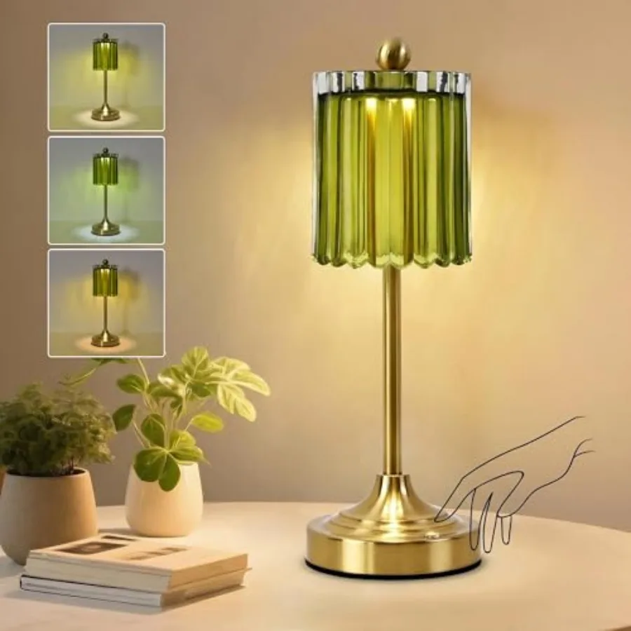 

Cordless Touch Rechargeable Table Lamp Crystal Glass Shade, 5200mAh Battery, 3 Dimmable Color Options, Battery-Operated, Small