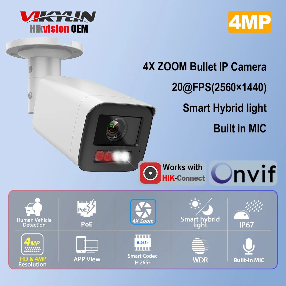 

VIKYLIN Hikvision OEM 4MP 4X Zoom Bullet IP Camera Human Car Detection IP67 Outdoor Video Surveillance Home Security CCTV Camera