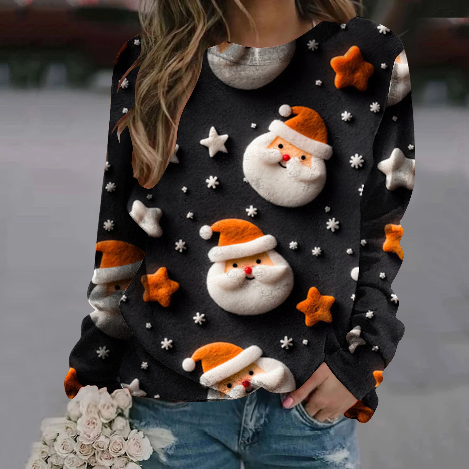 

Merry Christmas Santa Claus & Stars 3D Printed Women's Fashion Crewneck Drop Shoulder Sweatshirt Autumn Casual Pullover ADW140