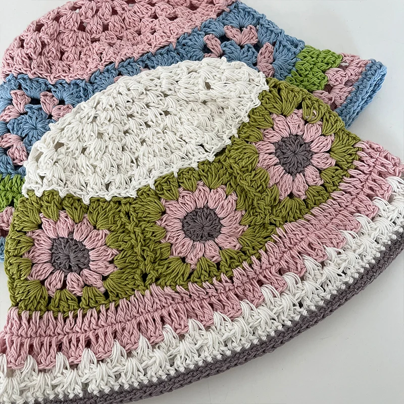 2024 Summer Flower Crochet Hat Funny Novelty Beanies Knit Cap Bucket Hat Women Korean Style Panama Y2k Accessories