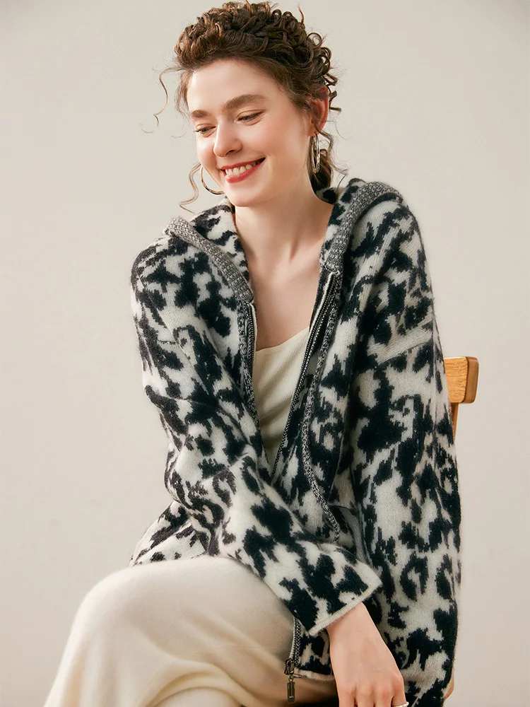 عالية الجودة جديد إمرأة 100% سترة الكشمير المعنقة الأزرق والأبيض الخزف مقنعين سستة سترة الخريف الشتاء لينة سميكة رداء علوي غير رسمي