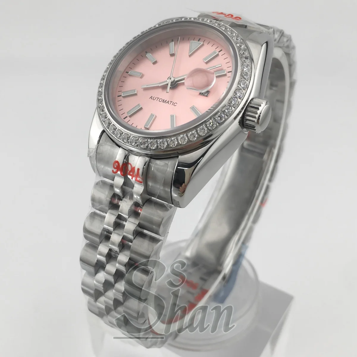 NH05 31mm Ladies Automatic Watch, Sapphire Crystal, Diamond Bezel, Luminous Pink Dial, 100M Water Resistant