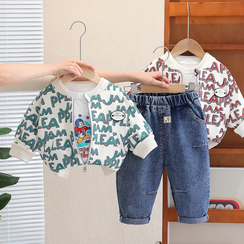 Childrens Clothing Set 2024 Spring Baby Boy Clothes 1-5T Full Casual Letter Printed Jackets + White T-shirts + Pants Boys Outfit