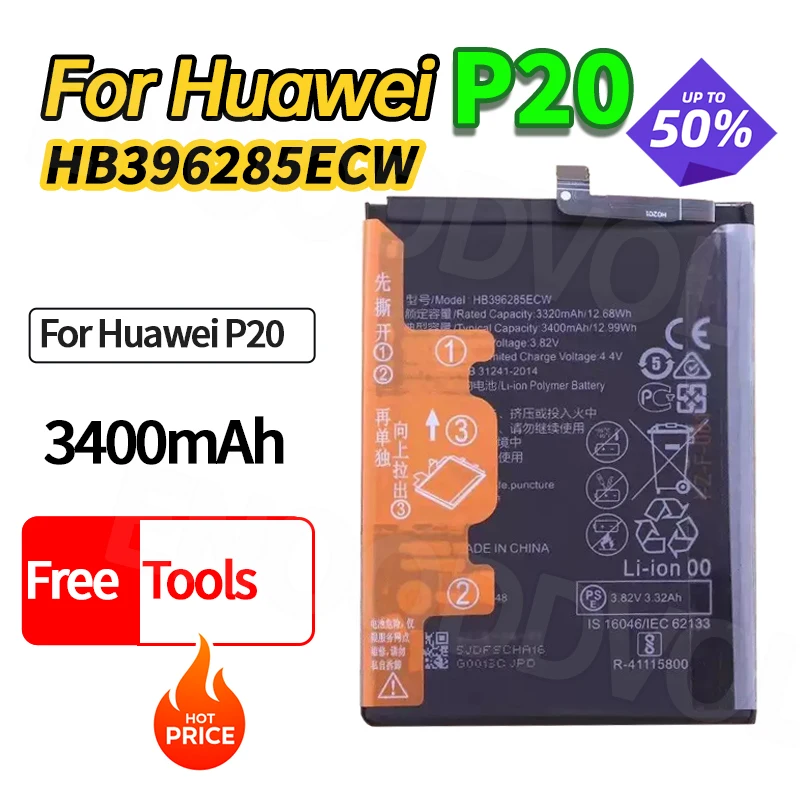 

100% новый аккумулятор емкостью 3400 мАч для мобильного телефона Huawei P20, аккумулятор CLT-AL00/TL00, новый сменный аккумулятор HB396285ECW с инструментами