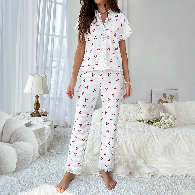 Women\'s Cherry Embroidered Lace Pajamas Short Sleeve V-Neck Set Casual Daily Wear 2 Piece Sleepwear Suit Sexy Home Clothes 2024