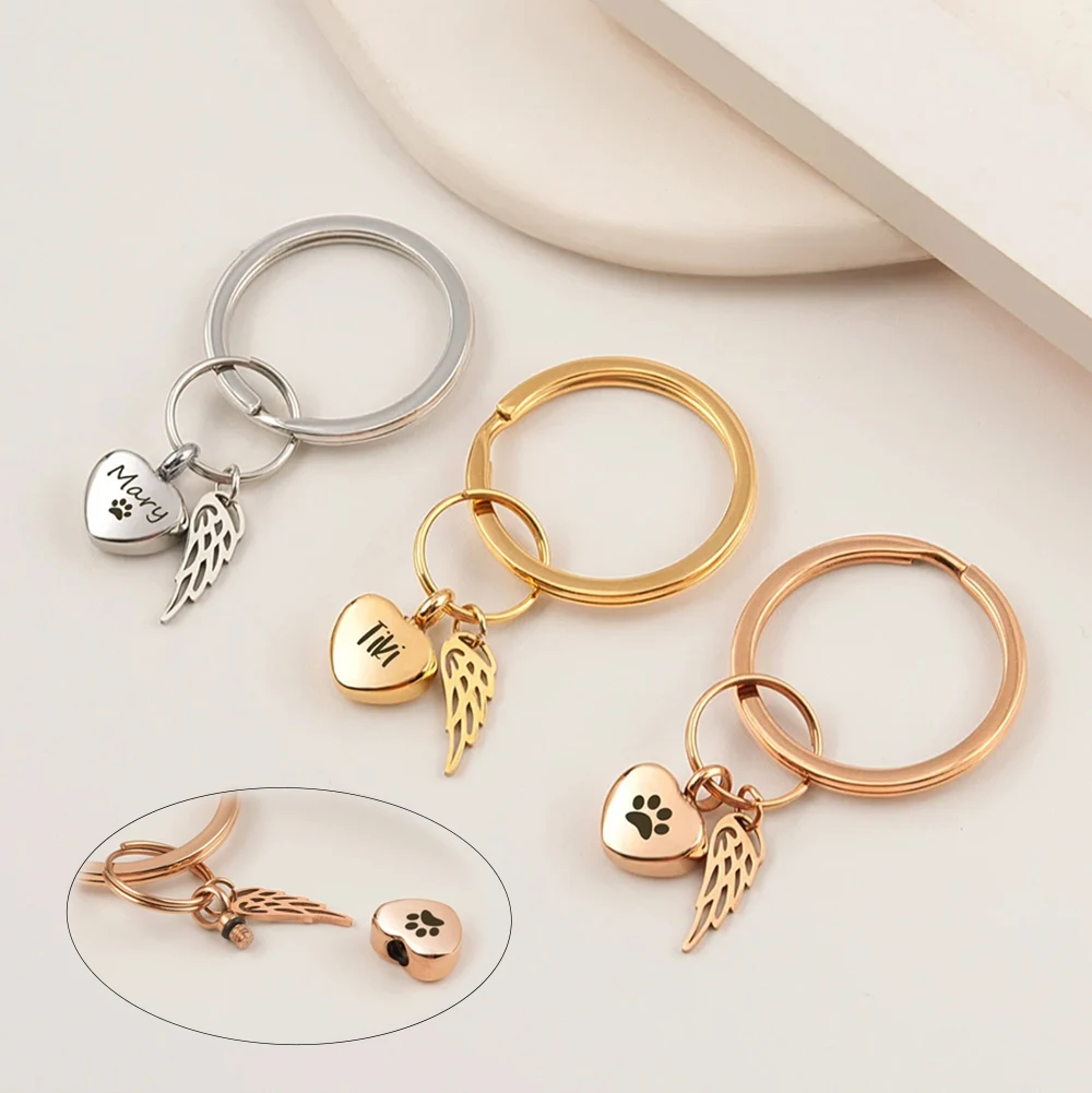 Fashion Mini Heart Cremation Keychain with Angel Wing Stainless Steel Keyring for Ashes Customize Name Text Keepsake Urn Jewelry