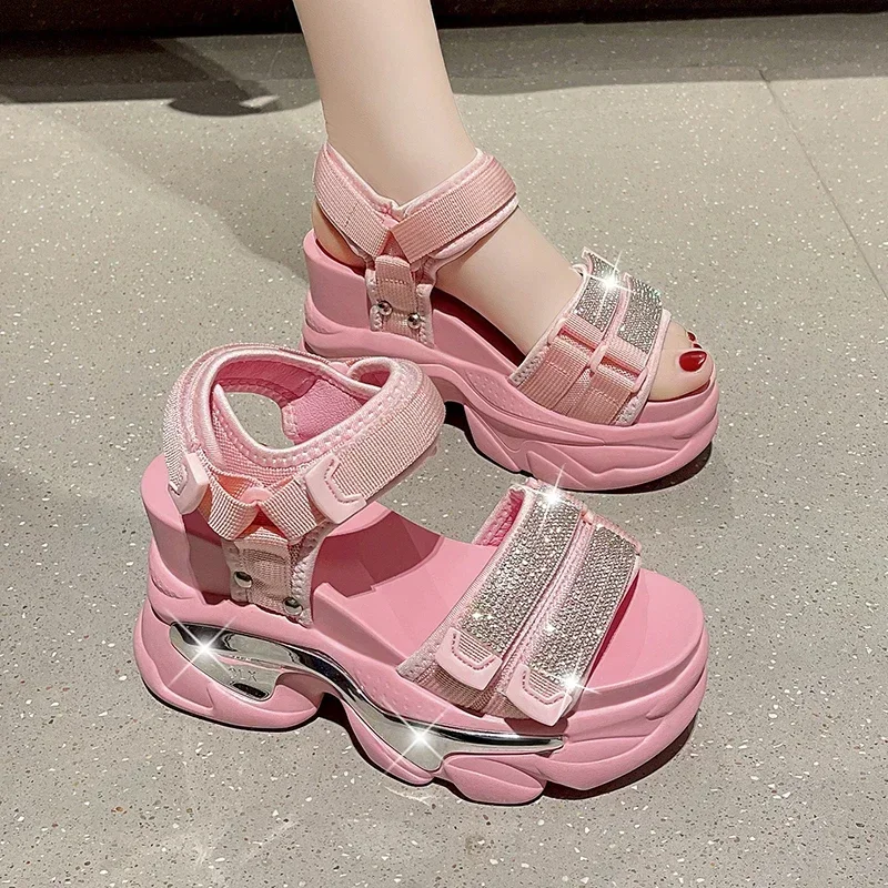 Summer High Platform Women Sandals Buckle 10CM Wedges Bling Shoes Fashion 2023 Outside Chunky Sandals Beach Casual Slides Woman