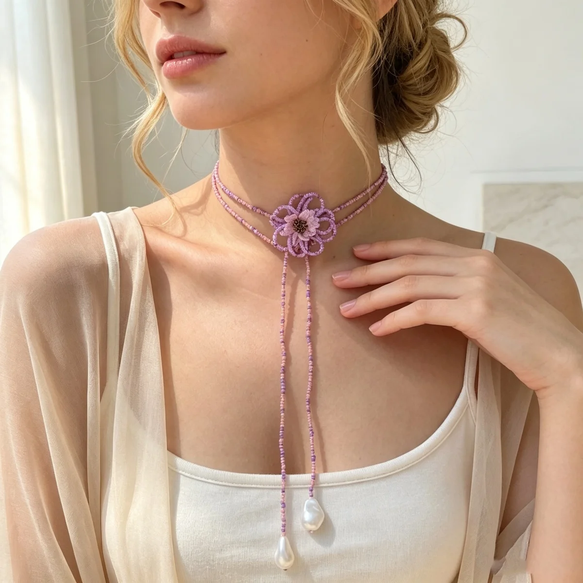 Böhmische handgefertigte Halskette mit gewebten Reisperlen und Blumenmuster für Damen, barocke Kunstperlen-Quastenkette, lange Pulloverkette, Schmuckstück – Detail 7
