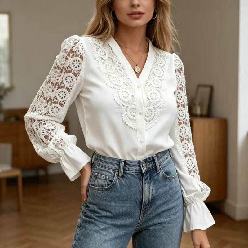 

Vintage V Neck Lace Hollow Out Long Sleeve Blouse Casual Floral Lace Ruffle Cuff Button Shirt Elegant Office Lady Women's Tops