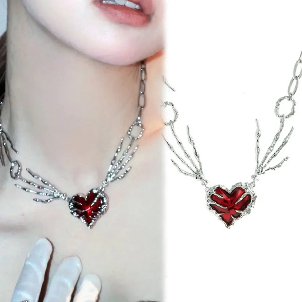 Cross Heart Red Stone Hand Bone Pendants Choker Chain Necklace Ins Punk Goth Charm Korean Men Women Y2K EMO Accessories Jewelry