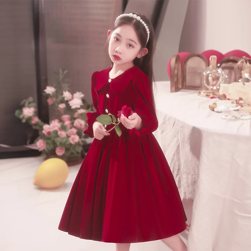 Christmas Wine Red Velvet Dresses for Little Girls Luxury Evening Pageant Short Gown Kids Birthday Party Princess Dress Children