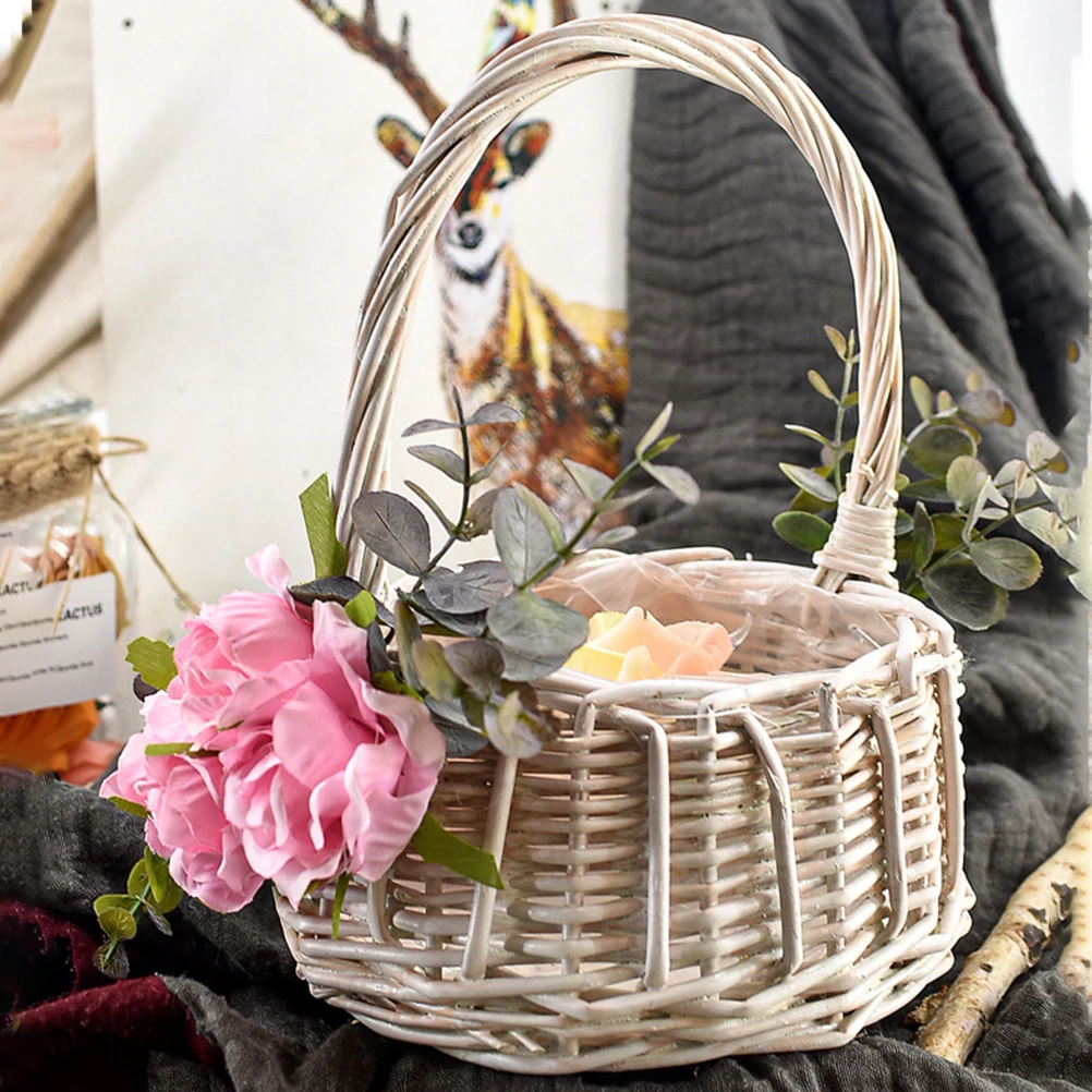 

1pc Flower Girl Basket Woven Vintage Bamboo Baskets for Wedding Bride Rose Petals Fake Flowers Graduation Banquet