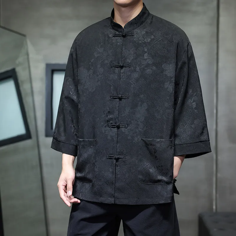 

Модный свободный крой, мужской воротник-стойка с цветочной вышивкой 7/8 Sve, дышащее волокно из полиэстера, весна-лето, Новое поступление