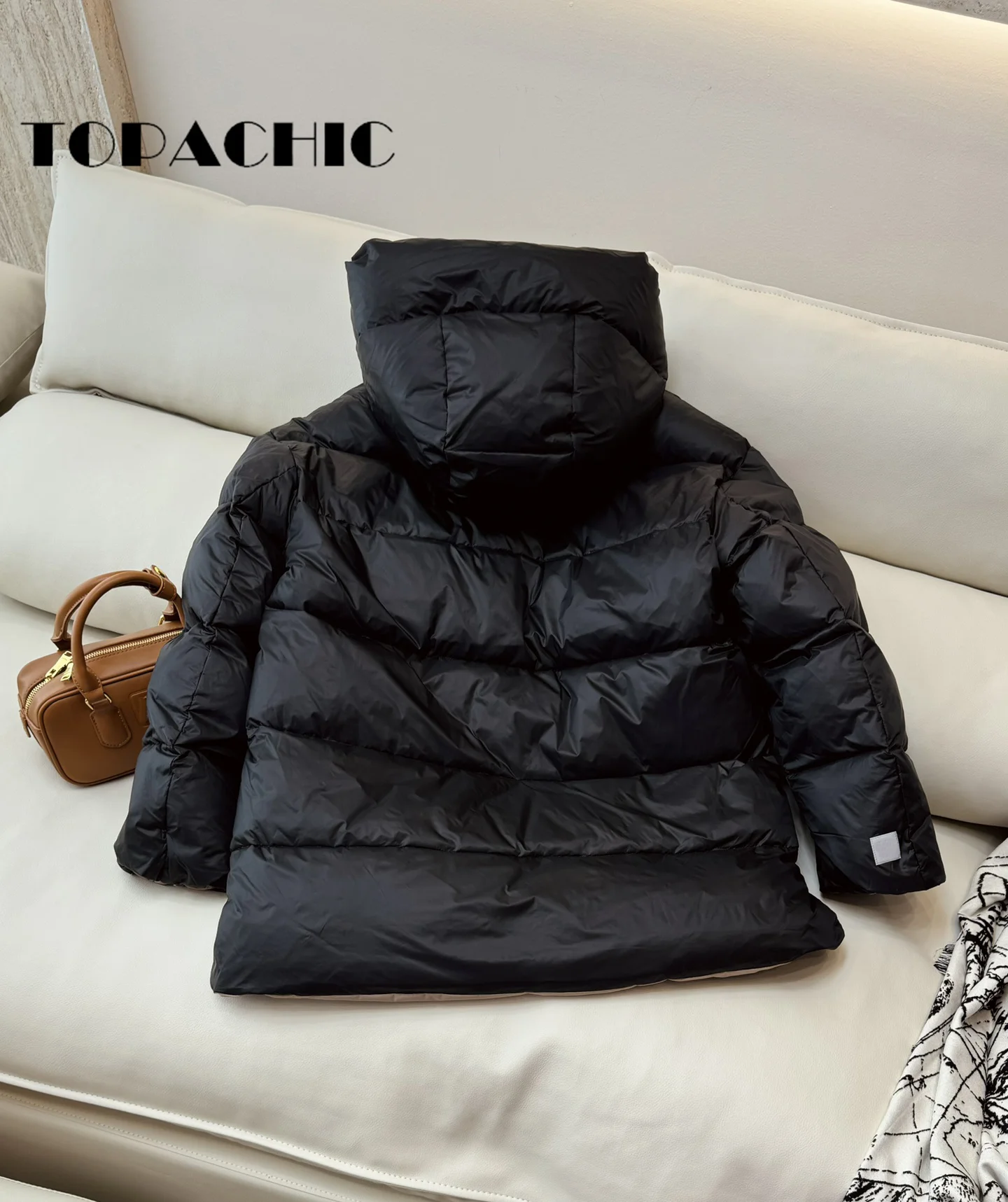 8.31 TOPACHIC-Women Fashion Double-Sided Wear Spliced Color Design Hooded Jack Autumn Winter Mid-Length Goose Down Outerwear