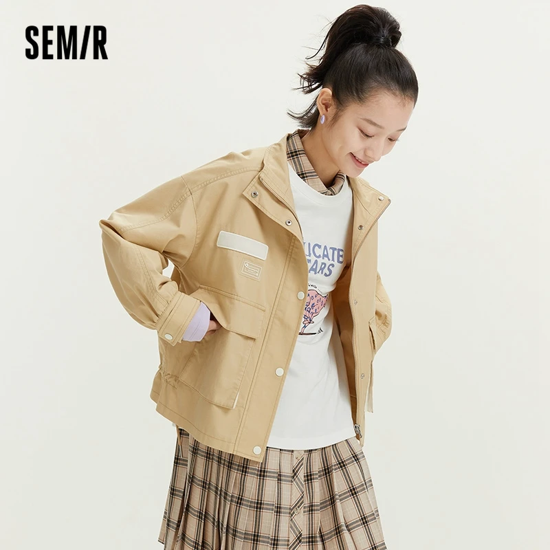 Semir Outerwear windbreaker Women Stand Collar Drawstring Jacket 2023 Spring New Loose Fashion Color Contrast Top Simple Coat