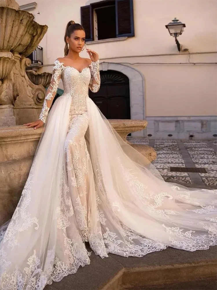 Vestidos De Novia De sirena De lujo 2 en 1, cuello redondo, manga larga, apliques, tren desmontable, Vestidos De Novia De encaje, 2023