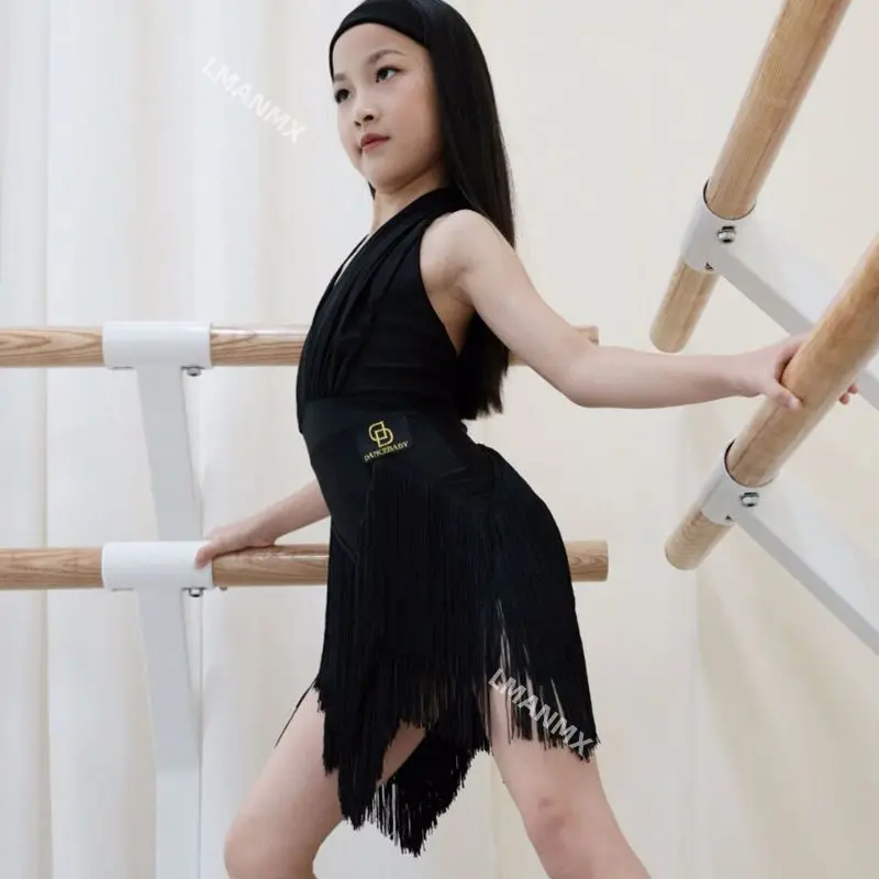 زي الرقص اللاتيني للفتيات والأطفال، ملابس ممارسة صيفية بدون ظهر، تنورة أطفال بدون أكمام