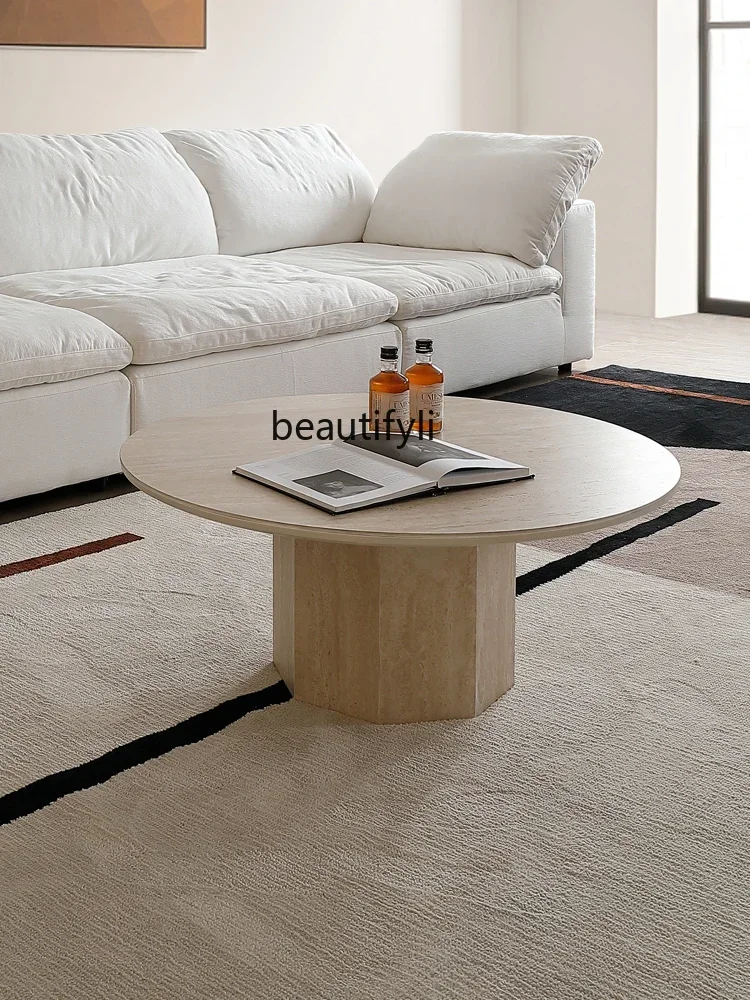 طاولة قهوة على طراز Qiji طاولة قهوة رخامية مستديرة مصممة على شكل كهف فرنسي لوحة حجرية أثاث طاولة قهوة مستديرة #2
