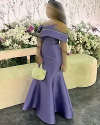 Customized Exquisite Pearls Mermaid Purple Satin Evening Dresses Formal Off the Shoulder Pleats Sleeveless Zipper Back Prom Gown