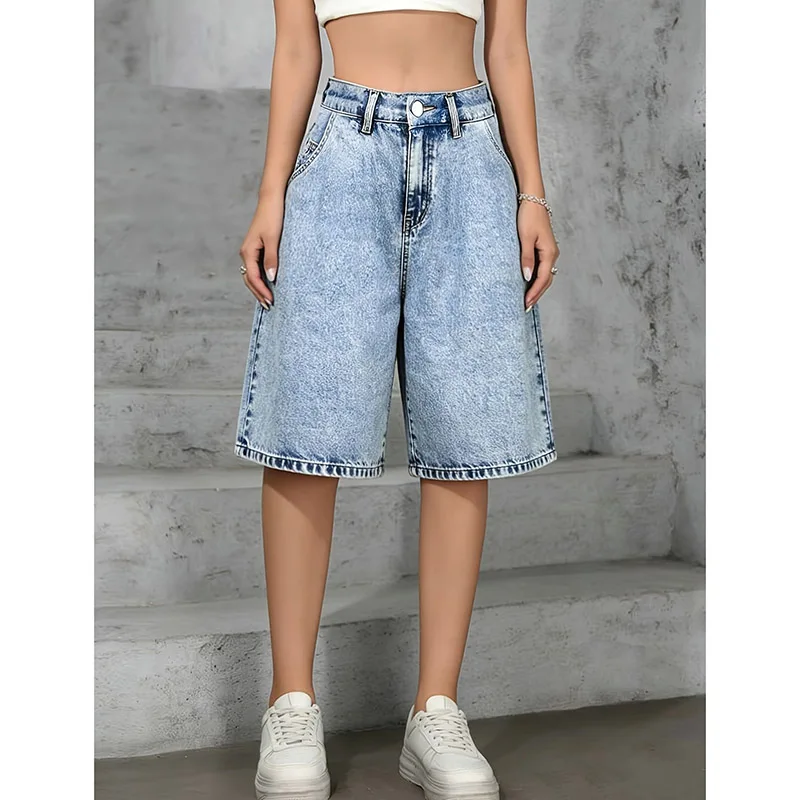 

Summer Women Fashion Baggy Straight Leg Short Pants Girls Casual Low Waist Jeans Hot Sale Lady Retro Denim Shorts