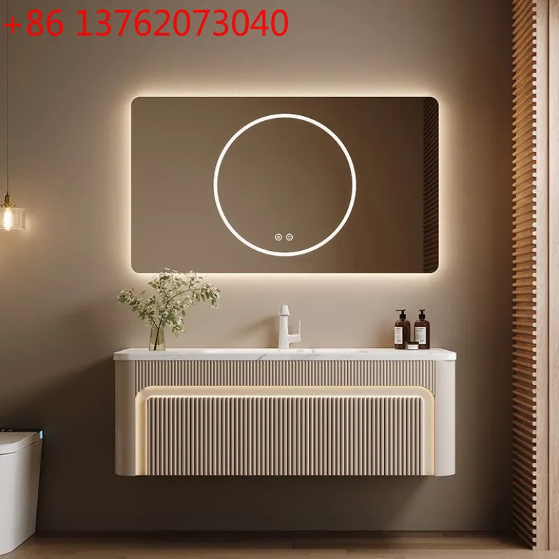 Cream wind rock slab hot bending integrated basin bathroom cabinet combination modern simple washbasin smart