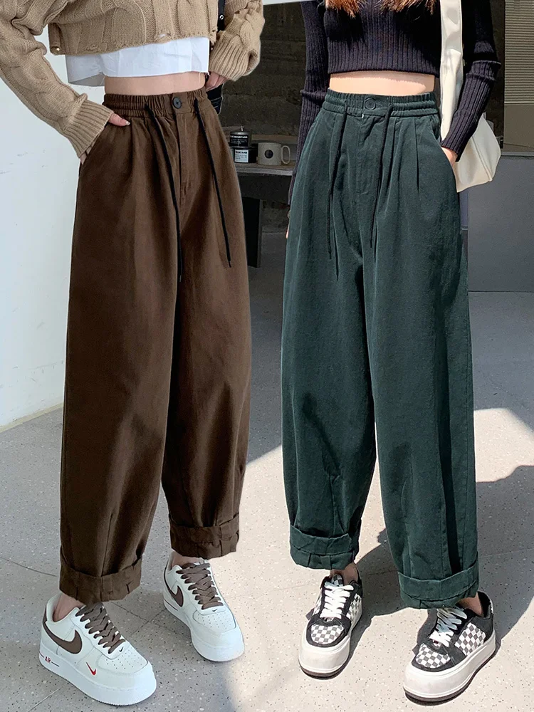 

Fashion Women High Waist Trousers 2023 Spring Autumn Harem Pants Vintage Solid Loose Buttons Ankle-length Pants Wide Leg Pants