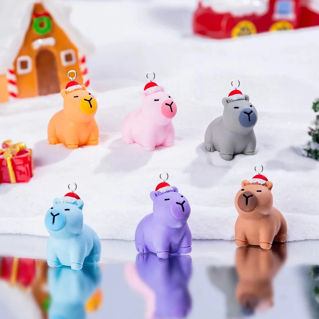 10pcs Resin Capybara Charms with Red Christmas Hat European Style Pendants Handcraft Supplies for DIY Earring Jewelry