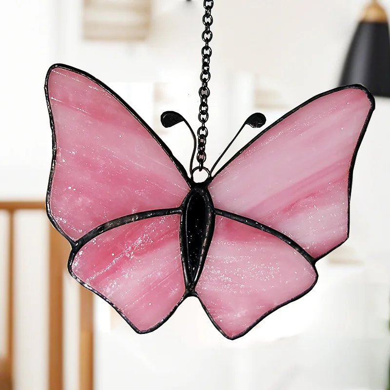 New Stained Glass Window Catcher Handicraft Window Pendant Home Decoration Pink Butterfly Inlay Customization