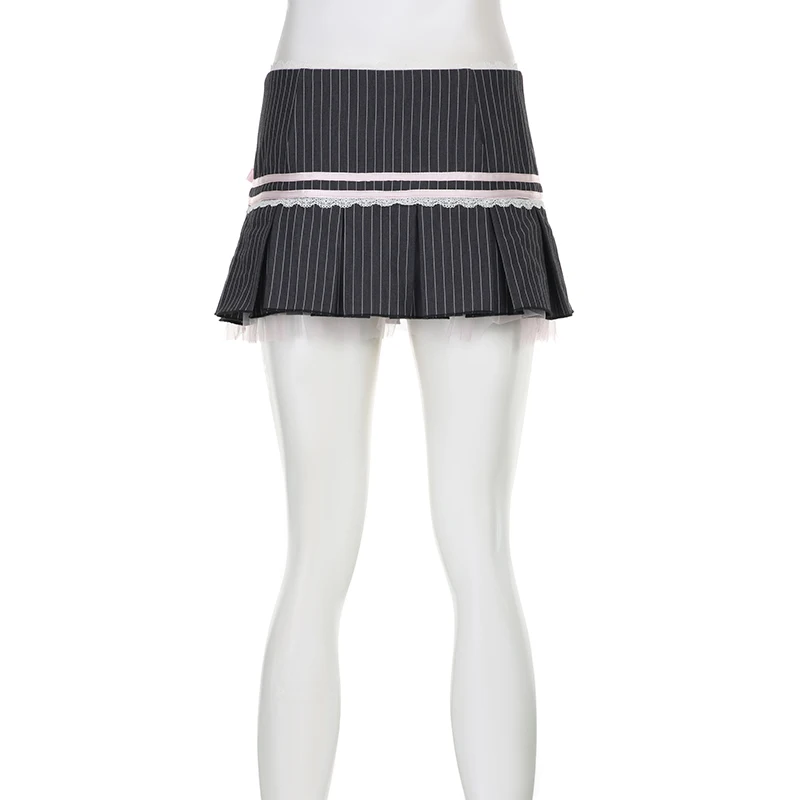 IAMHOTTY Y2K Striped Pleated Mini Skirt Cute Low Waist A-line With Shorts Skirts Harajuku Lolita Style Preppy Japanese Outfit