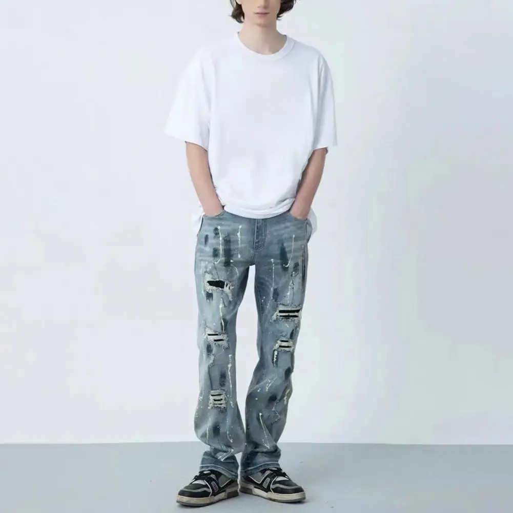 

Summer Men Jeans Ripped Broken Holes Hip Hop Washed Ink Splash Washed Denim Pants Streetwear