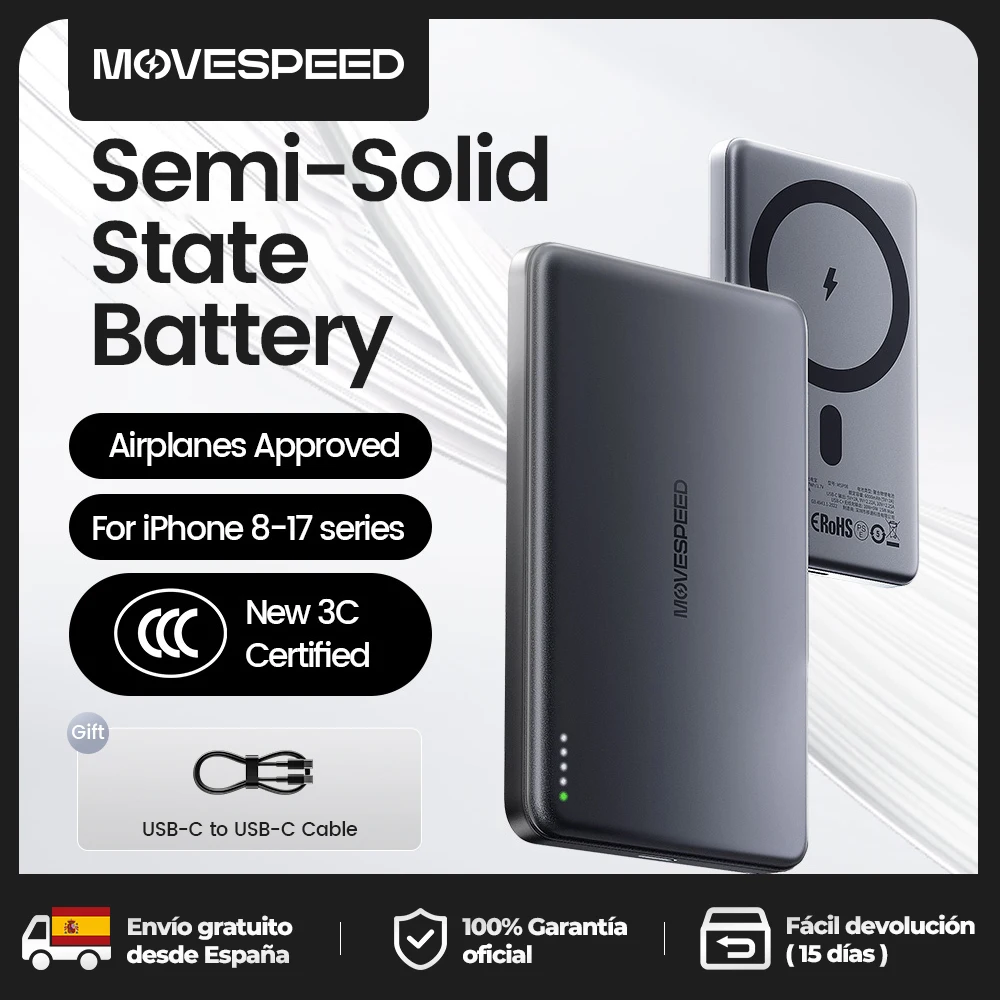 【CCC】MOVESPEED P07 Batterie Externe Semi-Solid-State 10000mAh 5000mAh Chargeur Magnétique Sans Fil pour iPhone 17 16 15