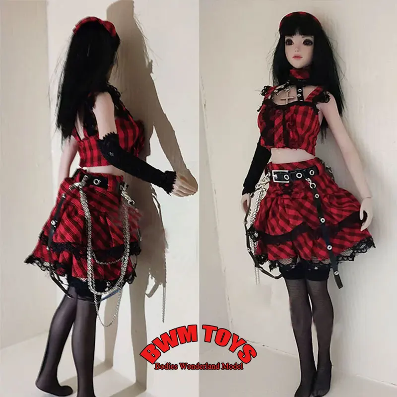 

Handmade 1/6 Scale Female Soldier Red Black Checkered Wide Shoulder Strap Vest Belt Lace Short Skirt For 12'' Action Figure Doll