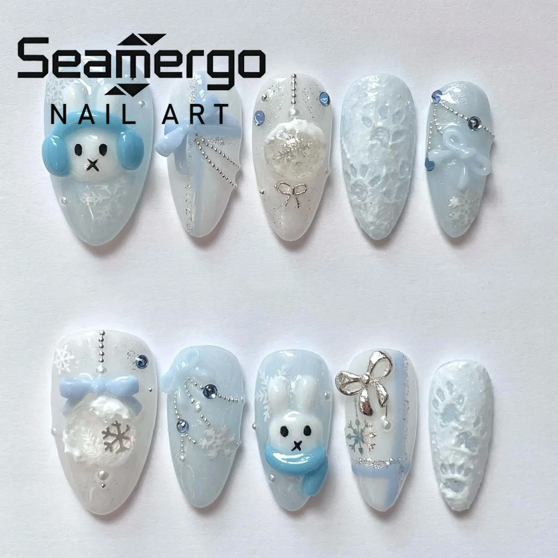 

24PCS Cute False Nails Sweet Blush Bunny Almond Pearl Press on Nails Hand Painted 3D Cartoon Bow French Gentle Design Fake Nails