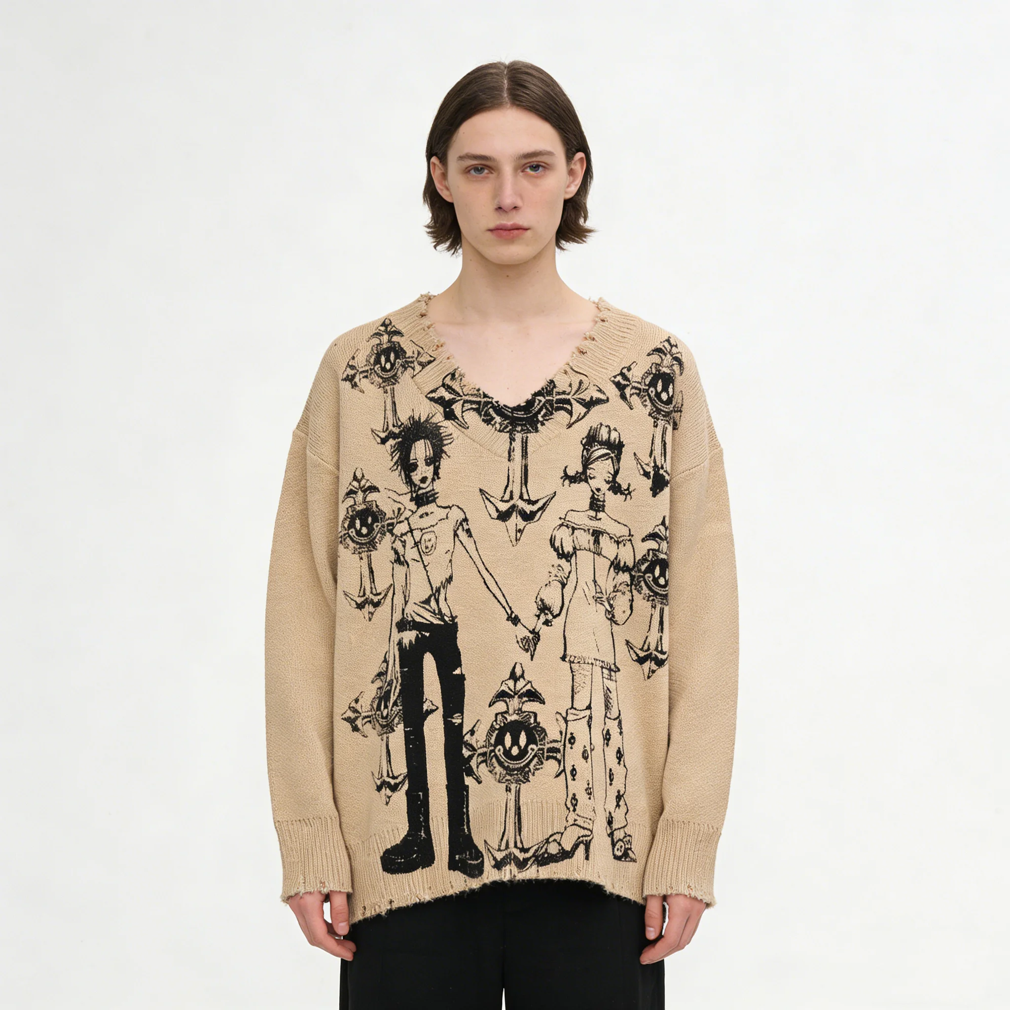 Autumn and Winter New Dark Retro Knitted Sweater American Street Trend Y2K Round Neck Loose Hooded Sweater