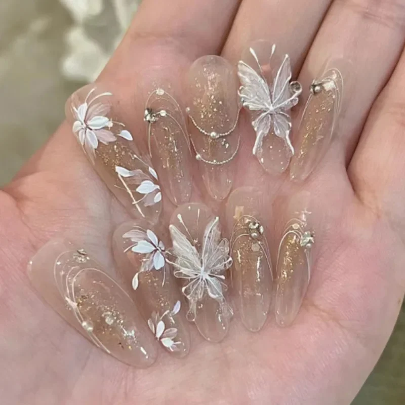 30Pcs 3D Pink Fake Nails With Diamond Halloween Long Almond False Nail Butterfly Design Wearable Oval Press on Nails Tips Y2k