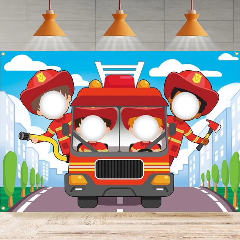 Fotografie Hintergrund Feuerwehr mann Gesicht Ausschnitt Foto Requisiten Feuer rettung Geburtstag Kinder Gesicht in Loch Party Hintergrund Wand Banner