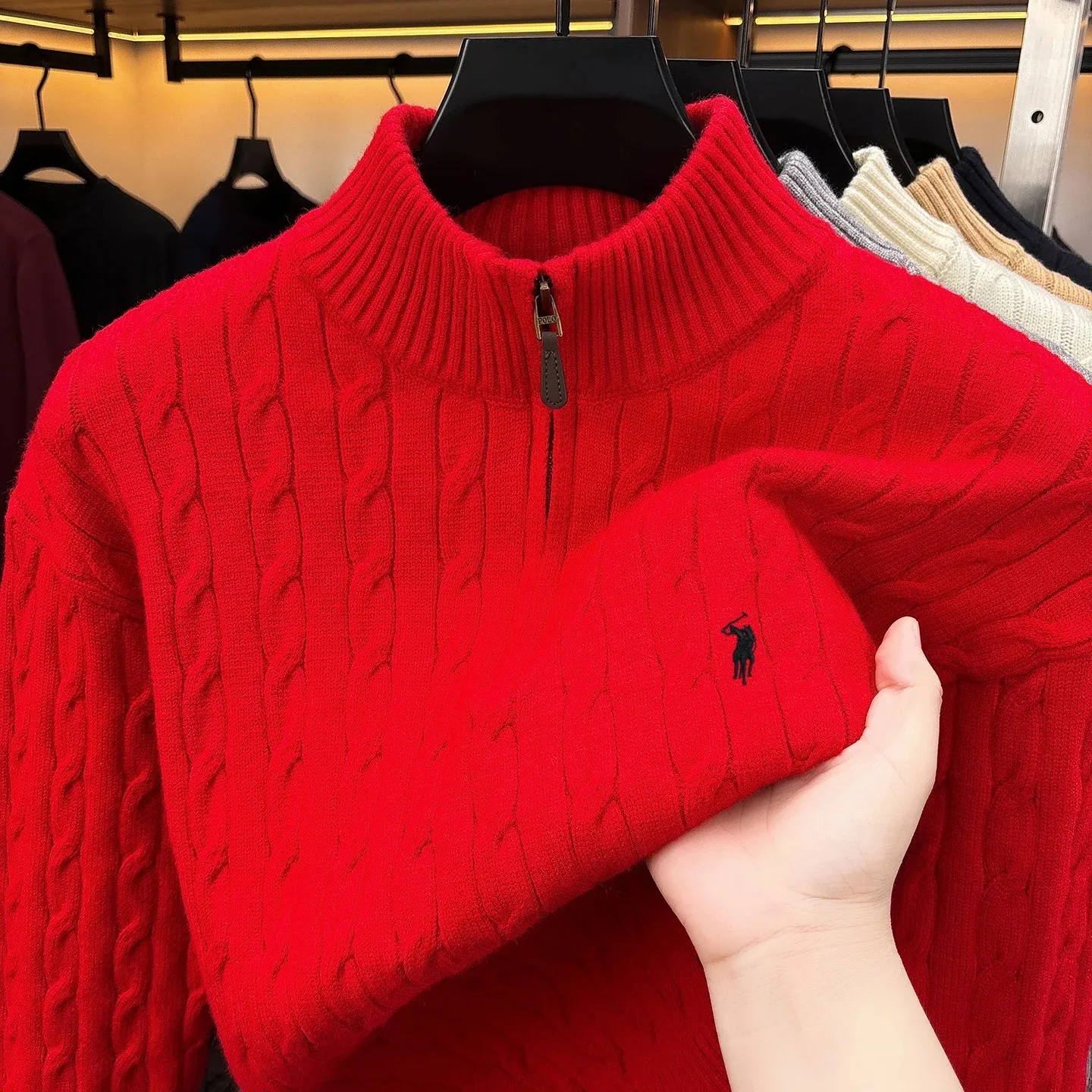 Mode Halb-Reißverschluss Pullover Herren Herbst Winter Wärme neue schöne Zipper Design Luxusmarke Golf Pony Stickerei Stricken Sweater – Detail 17