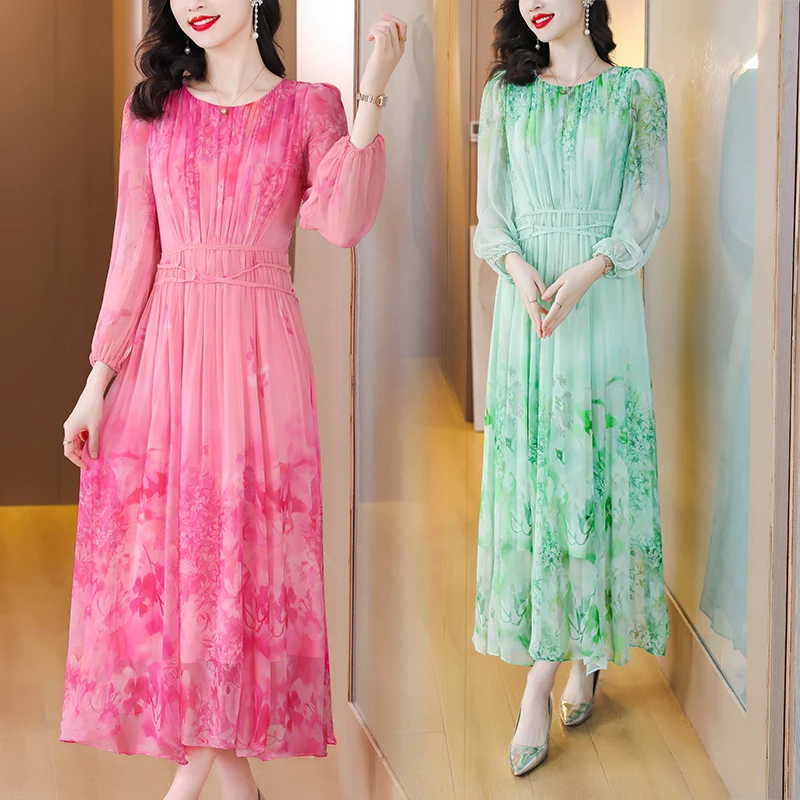 2023 Spring/Summer Silk Printed Dress O-Neck Long Sleeve Waist Shrinking Fragmented Flower Dress Mulberry Silk Knee Length Dress