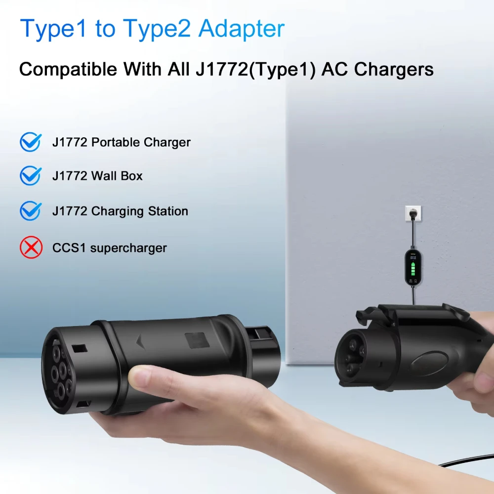 Chargeur AC EV 32A Type 1 à Type 2, adaptateur 7KW avec convertisseur femelle de Type 2 pour voiture IEC 62196