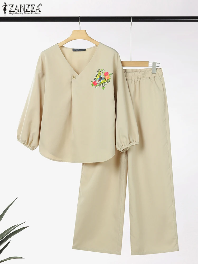 ZANZEA المرأة التنقل 2 قطعة مجموعات الطباعة 3/4 كم البلوزات 2025 موضة عادية بنطال ذو قصة أرجل واسعة 2 قطعة وتتسابق بانت مجموعات #3