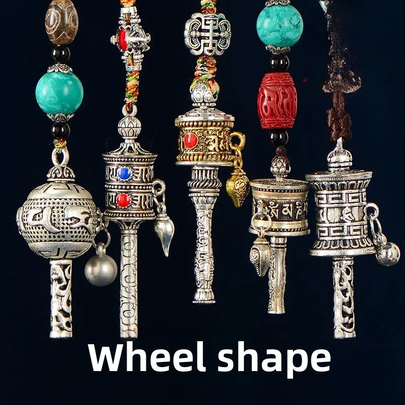 Tibetan Prayer Wheel Pendant Alloy Car Charm with Six Sacred Syllables Handheld Spinner