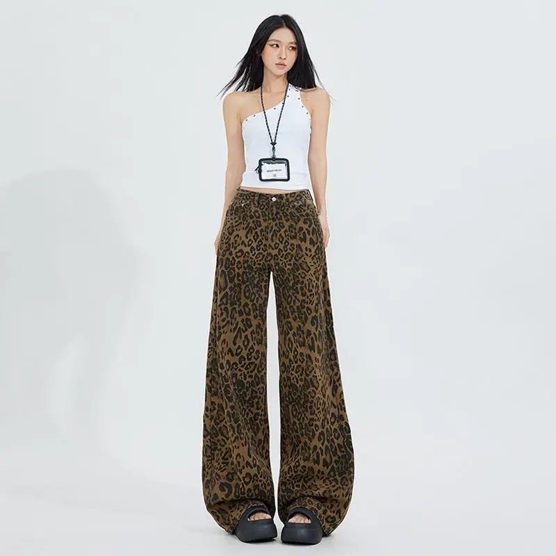 Spring Baggy Leopard Pant Female Loosen Fit Hip Pop Denim Leopard Pants For Women