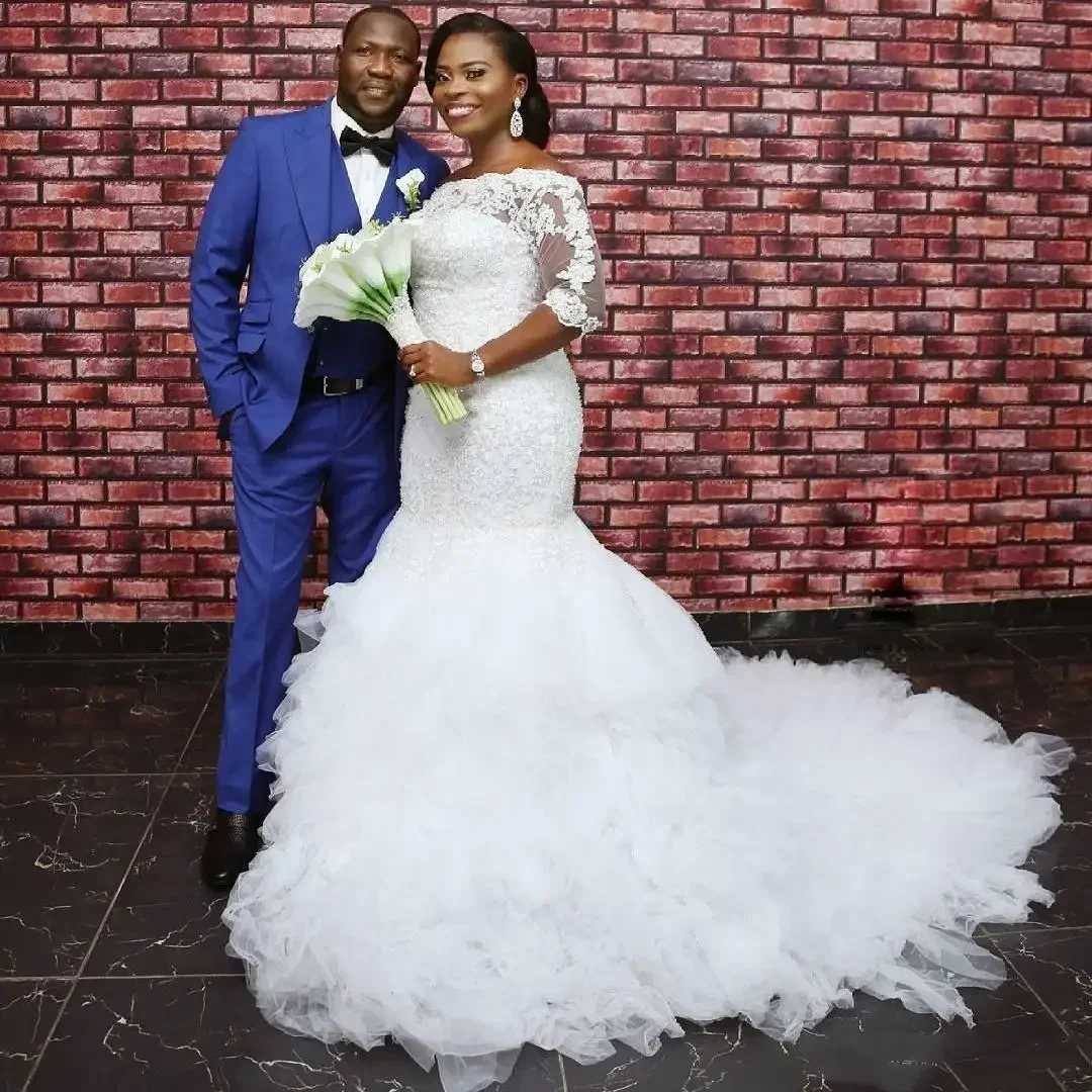 カスタマイズされた南アフリカマーメイドウェディングドレスビーズレースアップリケ 3_4 長袖プラスサイズのブライダルドレスふわふわフリル