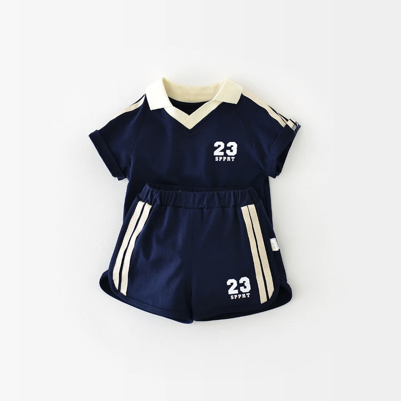 Children\'s Short-sleeved Outdoor Sports Set Baby Summer College T-shirt Boys and Girls Cotton Thin Ball Suit Baby Two-piece Set