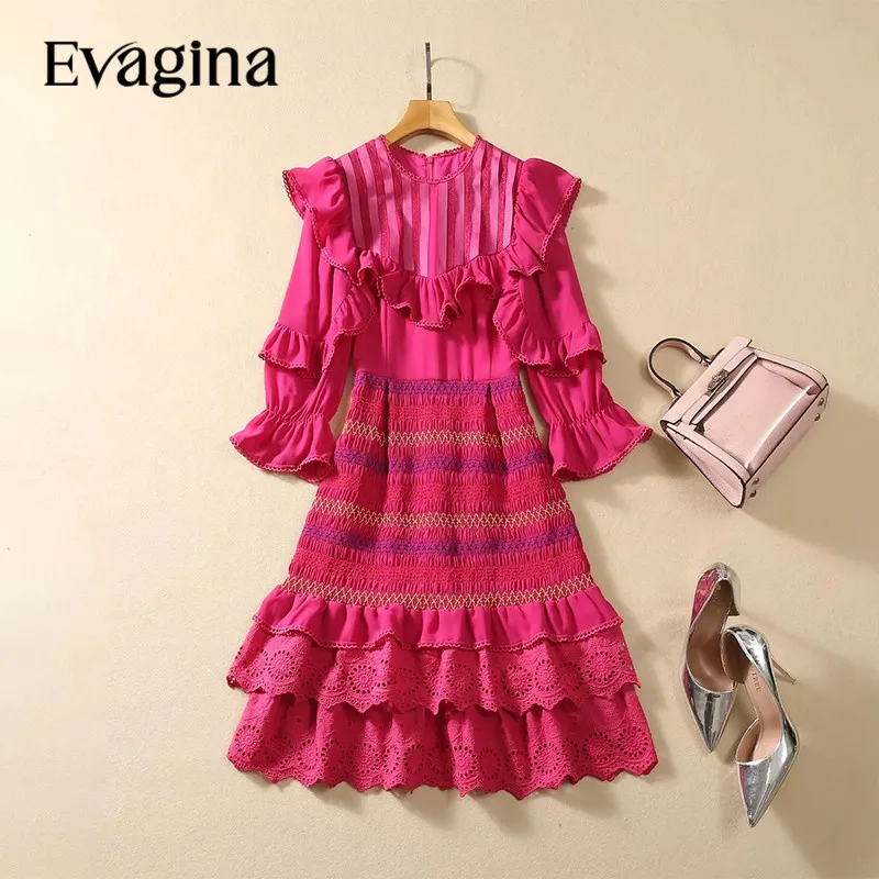 

Evagina New Fashion Runway Designer Dress Women's Round Collar Three Quarter Sleeve Ruffle High Street Tiered Mid Dress