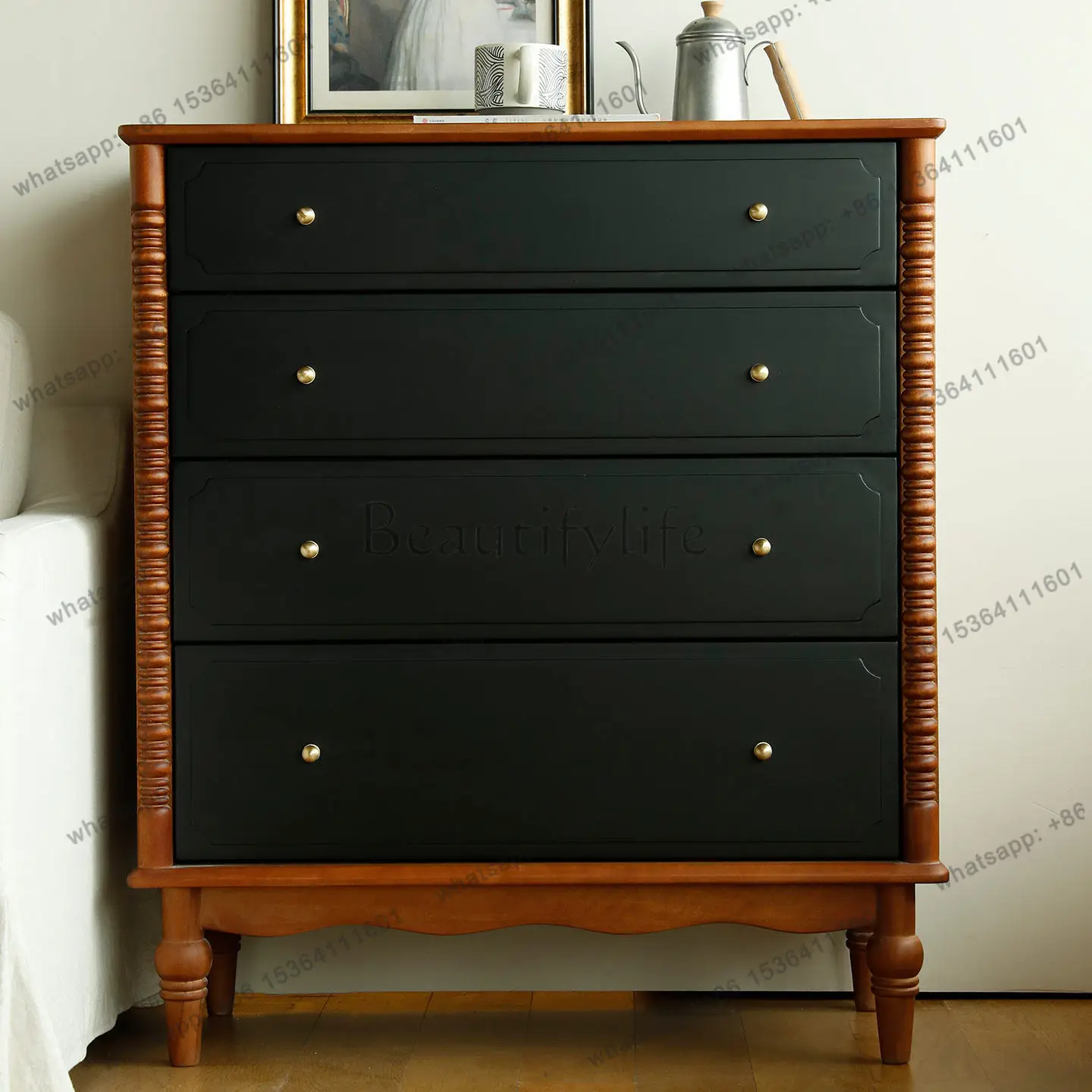 

French retro mid-ancient style solid wood four-chest cabinet, bedroom wall storage cabinet small apartment